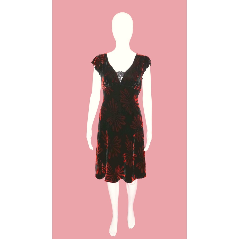 Y2K NANETTE LEPORE Velvet Flutter Sleeve Dress W/Ribbon Print & Lace Panel. SM